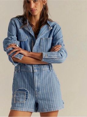We The Free Light Blue Striped Denim Short Overalls